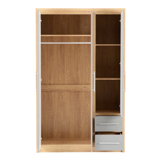 The CHOICEWARDROBE Samaira 3 Door 2 Drawer Wardrobe (111cm) features a grey gloss front, oak effect frame, spacious hanging area, shelves, and two drawers for modern bedroom storage. All doors are open to showcase its organized interior.