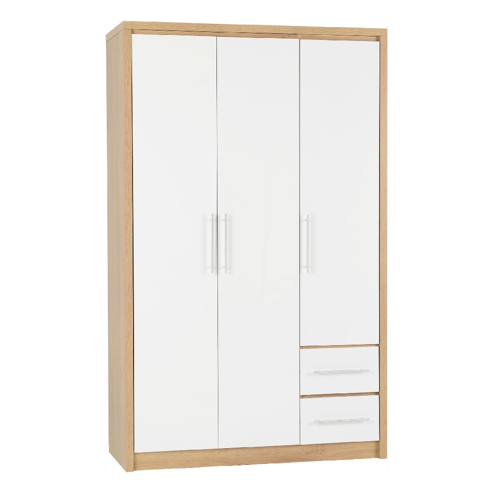 White gloss 3 door wardrobe with oak effect frame and 2 drawers