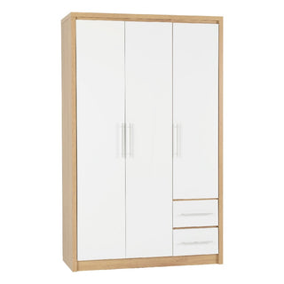 The CHOICEWARDROBE Samaira 3 Door 2 Drawer Wardrobe features a white gloss front, oak effect frame, sleek silver handles, and two matching white drawers on the lower right, offering contemporary bedroom storage in a stylish 111cm design.