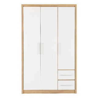 The CHOICEWARDROBE Samaira 3 Door 2 Drawer Wardrobe (111cm) features a modern oak effect frame, white gloss fronts, vertical door handles, and two lower right drawers with horizontal handles for contemporary bedroom storage.
