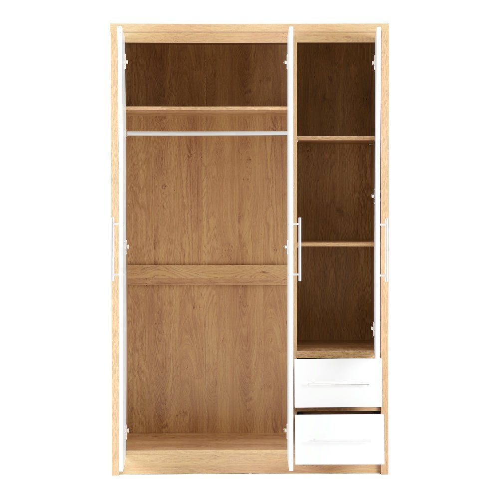 CHOICEWARDROBE Samaira 3-door, 2-drawer wardrobe: white gloss front, oak effect frame, open interior with rail and shelves.