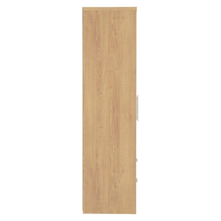 The CHOICEWARDROBE Samaira 3 Door 2 Drawer Wardrobe, 111cm, features a white gloss front with an oak effect frame and a modern rectangular design. Shown from the side, it has a flat surface and a partially visible vertical silver handle.