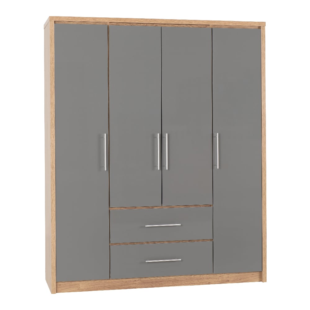 CHOICEWARDROBE 4 door grey gloss wardrobe with oak effect frame and 2 drawers.