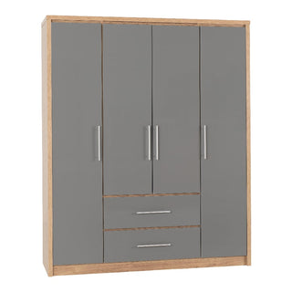 The CHOICEWARDROBE Samaira 4 Door 2 Drawer Wardrobe features a grey gloss front, oak effect frame, sleek silver handles, two central drawers, and ample storage with hanging rail in a stylish 150cm design.