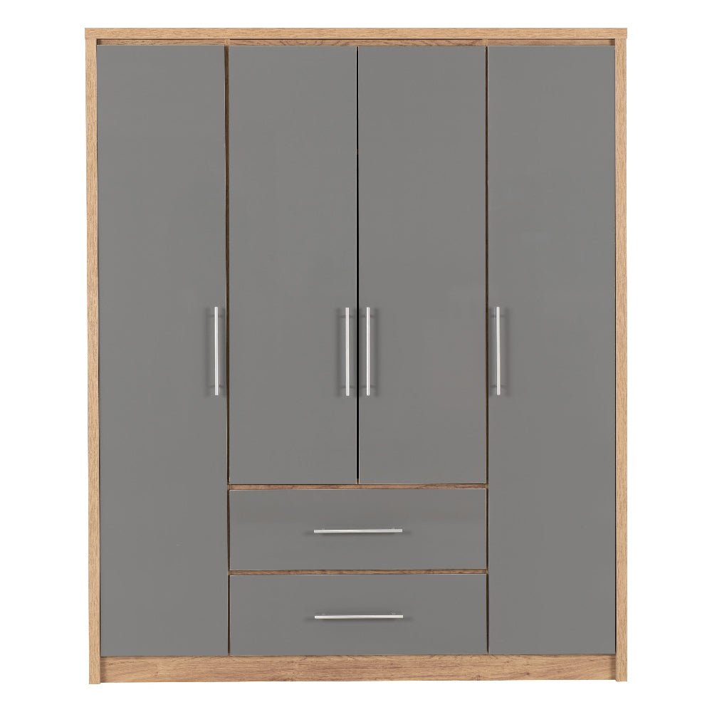 CHOICEWARDROBE Samaira 4 door 2 drawer wardrobe with grey gloss front and oak effect frame