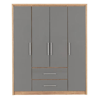 The CHOICEWARDROBE Samaira 4 Door 2 Drawer Wardrobe features a 150cm grey gloss front, oak effect frame, hanging rail, silver handles, and two matching center drawers, all set against a plain white background.