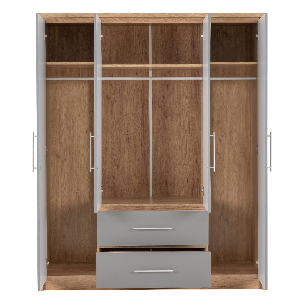 CHOICEWARDROBE Samaira 4-door wardrobe with grey gloss front, oak effect frame, 2 drawers, and hanging rail.