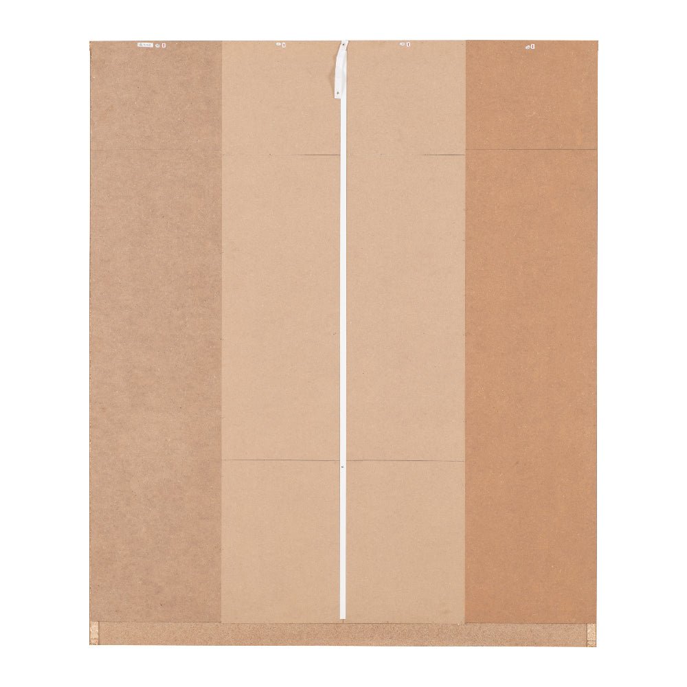 Back panel of CHOICEWARDROBE Samaira 4-door wardrobe, oak effect MDF with vertical seams and hanging ribbon.