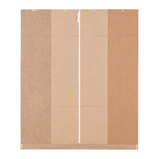 The image displays the back of the CHOICEWARDROBE Samaira 4 Door 2 Drawer Wardrobe, featuring a rectangular oak effect MDF panel with vertical seams, a white hanging ribbon, two metal brackets at the top corners, and a reinforced lower edge.