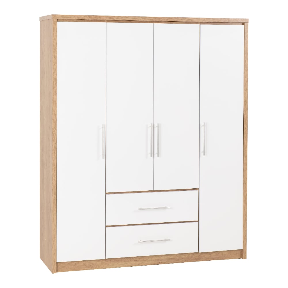 CHOICEWARDROBE Samaira 4 door 2 drawer wardrobe with white gloss fronts and oak effect frame