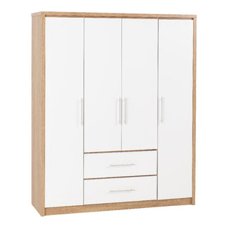 The CHOICEWARDROBE Samaira 4 Door 2 Drawer Wardrobe features a white gloss front and oak effect frame, with sleek silver handles, three vertical compartments, central drawers, hanging rail, and measures 150cm – a modern storage solution.