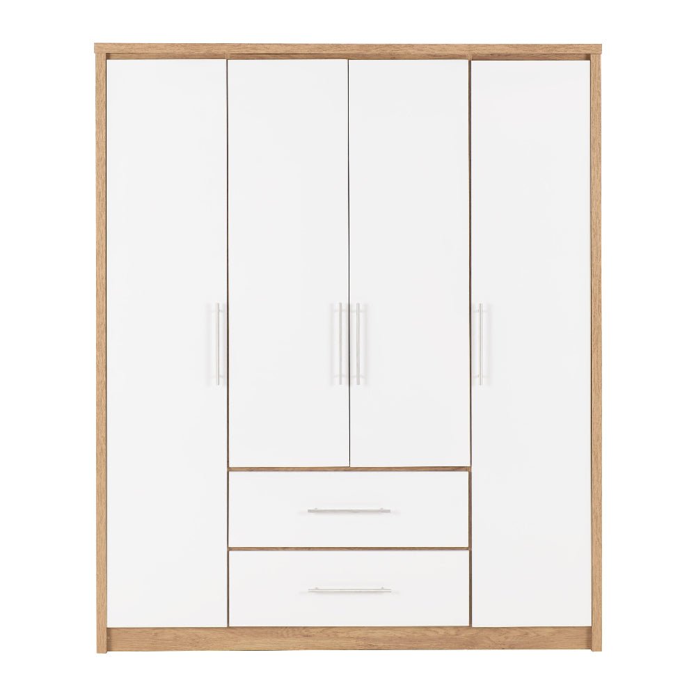 CHOICEWARDROBE Samaira 4-door, 2-drawer wardrobe in white gloss with oak effect frame and silver handles.
