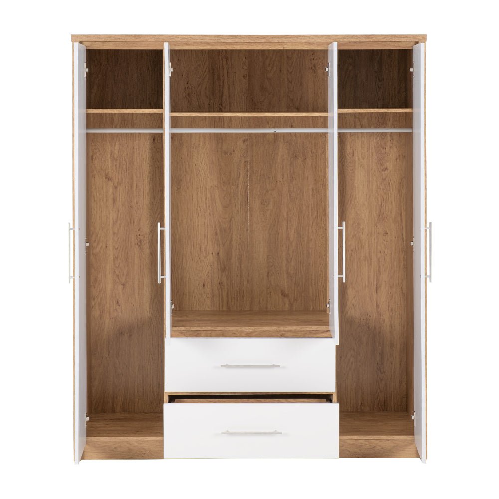 CHOICEWARDROBE Samaira 4 Door 2 Drawer Wardrobe, white gloss fronts, oak effect frame, open to show shelves, hanging rails, and drawers.