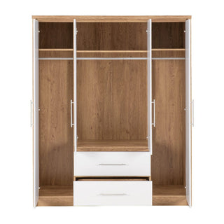 The CHOICEWARDROBE Samaira 4 Door 2 Drawer Wardrobe features a 150cm white gloss front, oak effect frame, hanging rail, top shelf, and two drawers for stylish and practical storage in your space.