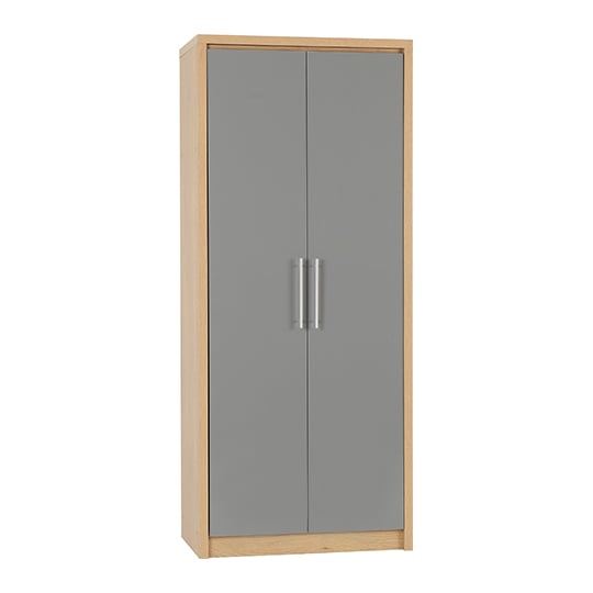 CHOICEWARDROBE Samaira 2-door wardrobe: grey gloss doors, oak effect frame, silver handles, modern design.