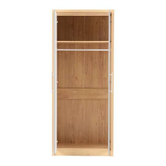 CHOICEWARDROBE Samaira 2-door wardrobe with oak effect frame and grey gloss doors, open interior showing hanging rail.