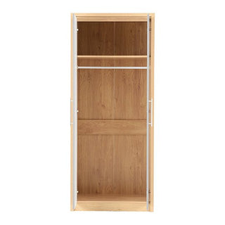 The CHOICEWARDROBE Samaira Grey Gloss 2 Door Wardrobe features a slim modern design with an oak effect frame, double doors, a hanging rail, and shelf storage. The interior and exterior boast a stylish light wood finish.