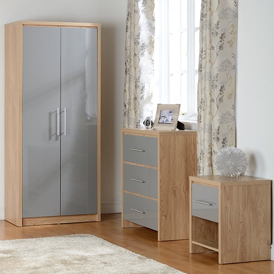 CHOICEWARDROBE Samaira 2 door grey gloss wardrobe with oak effect frame