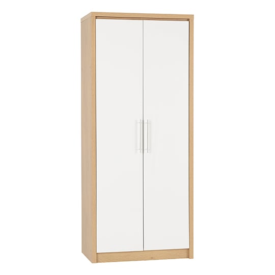 CHOICEWARDROBE Samaira 2-door wardrobe: white gloss doors, oak effect frame, silver handles. Hanging rail & shelf storage.