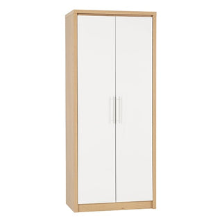 The CHOICEWARDROBE Samaira is a slim, modern 2-door wardrobe with a white gloss finish, oak effect frame, and vertical silver handles. It features a hanging rail and shelf storage for versatile organization.