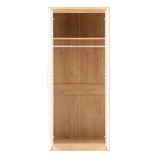 CHOICEWARDROBE Samaira 2 door wardrobe with oak effect frame, white gloss doors open showing shelf and rail.