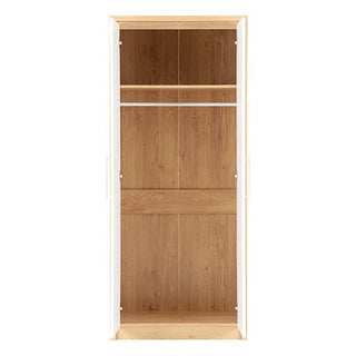 The CHOICEWARDROBE Samaira White Gloss 2 Door Wardrobe features a slim modern design with an oak effect frame, white gloss doors, a hanging rail at the top, and shelf storage for organized interiors.