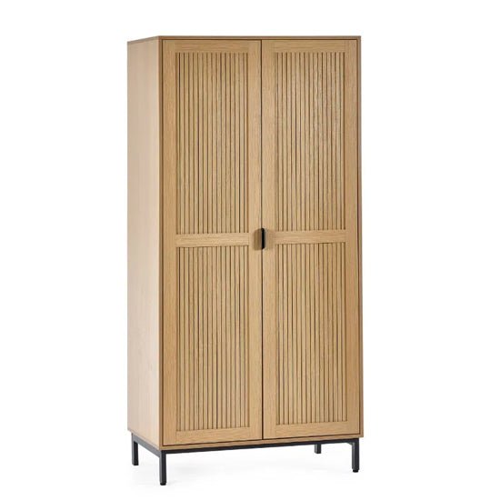 CHOICEWARDROBE Sarnia natural oak 2-door wardrobe with slatted doors and black metal legs.