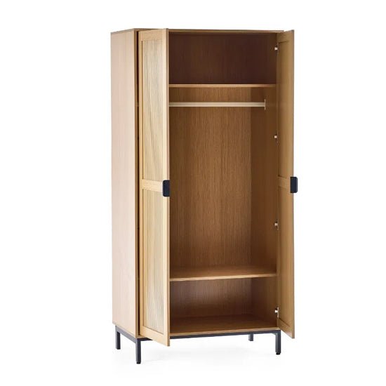 CHOICEWARDROBE Sarnia natural oak 2 door wardrobe with slatted doors and black metal legs.