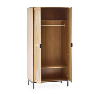 The CHOICEWARDROBE Sarnia Natural Oak 2 Door Wardrobe features slatted wood doors, a hanging rod near the top, a bottom shelf, and sleek metal legs, all in a stylish Japandi modern design with a natural oak finish.