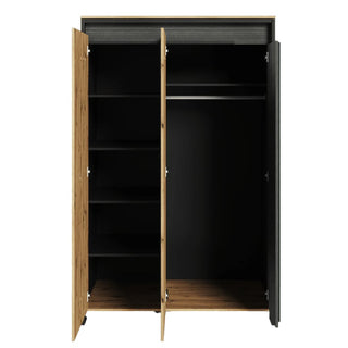 The CHOICEWARDROBE Sarnia Wooden Wardrobe features 3 artisan oak and matt black doors, a dark interior with shelves and a hanging rail, and generous bedroom storage in modern industrial style. Size: 123cm. Made from premium MDF.