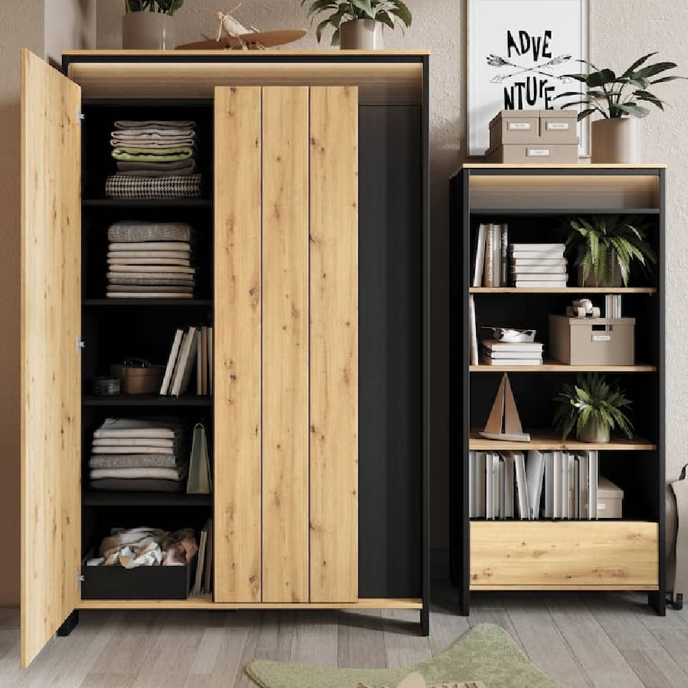 CHOICEWARDROBE Sarnia 123cm wide sliding door wardrobe, artisan oak and matt black, 3 doors open