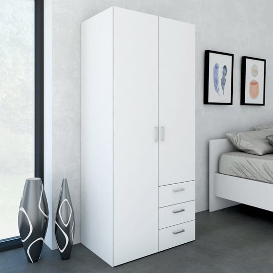 CHOICEWARDROBE Scalia 2 door 3 drawer wardrobe, white matt finish with silver handles.