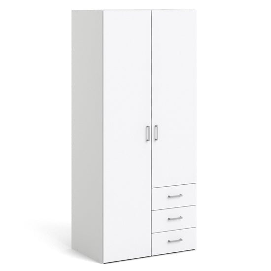 White matt 2-door, 3-drawer wardrobe with silver handles