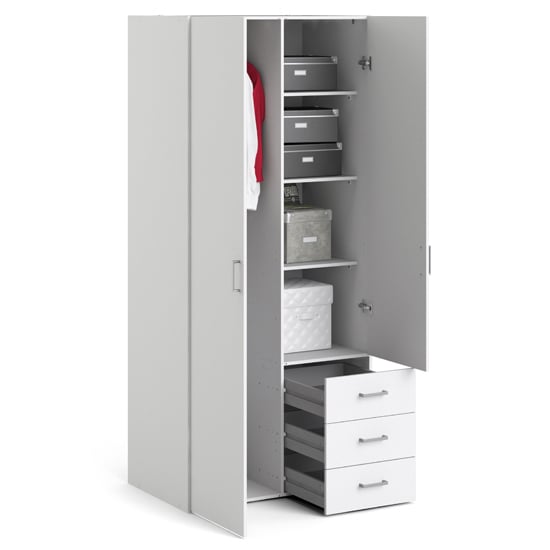 CHOICEWARDROBE Scalia 2-door white matt wardrobe with open doors revealing shelves, storage boxes, and three drawers.