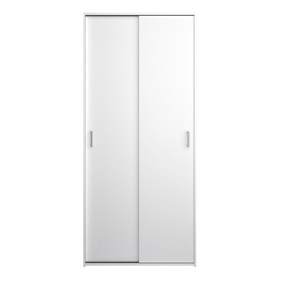 The CHOICEWARDROBE Scalia 2 Door White Sliding Wardrobe features a sleek high-gloss finish, space-saving modern design, and closed doors with two small handles, set against a plain background. Includes hanging rail and shelves.