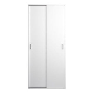The CHOICEWARDROBE Scalia 2 Door White Sliding Wardrobe features a sleek high-gloss finish, space-saving modern design, and closed doors with two small handles, set against a plain background. Includes hanging rail and shelves.
