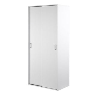 The CHOICEWARDROBE Scalia 2 Door White Sliding Wardrobe features a sleek high-gloss finish, space-saving modern design with hanging rail and shelves, and stands upright against a white background.