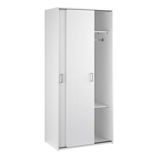 The CHOICEWARDROBE Scalia 2 Door White Sliding Wardrobe features a space-saving modern design with high-gloss finish, sleek rectangular handles, a hanging rail, top shelf, and lower shelf inside for organized storage.