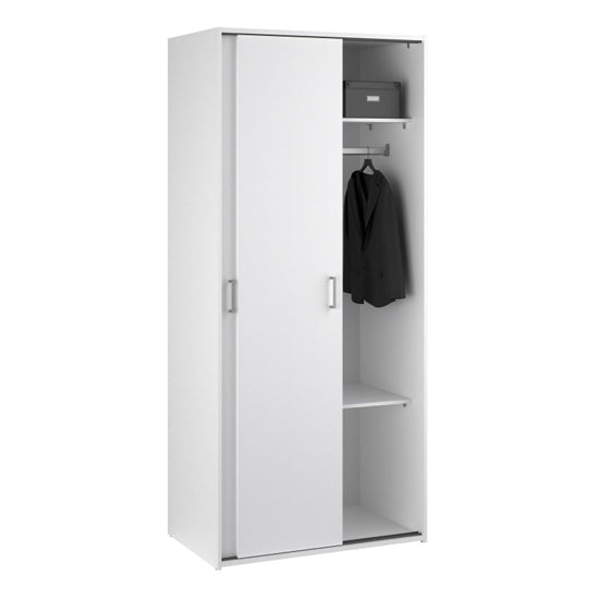 White sliding wardrobe with hanging rail and shelves