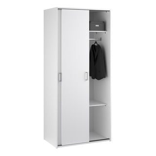 The CHOICEWARDROBE Scalia 2 Door White Sliding Wardrobe features a space-saving modern design with upper and lower shelves, a hanging rail displaying one black jacket, and a sleek high-gloss finish.