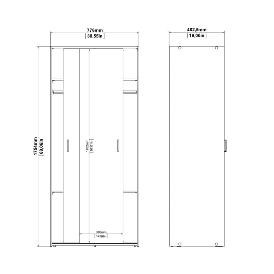 CHOICEWARDROBE Scalia 2 door white sliding wardrobe technical drawing, 1754mm high x 776mm wide x 482.5mm deep.
