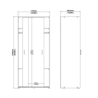 Technical drawing of the CHOICEWARDROBE Scalia 2 Door White Sliding Wardrobe with front and side views, showing dimensions: 1145mm tall, 776mm wide, 482.5mm deep; interior width 340mm. Space-saving modern design with high-gloss finish.