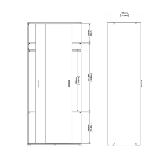 Technical line drawing of a white two-door sliding wardrobe with dimensions and side view.