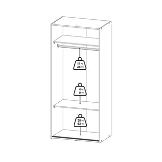 Black and white image of the CHOICEWARDROBE Scalia 2 Door White Sliding Wardrobe with a hanging rail (24 lbs/11 kg limit), middle shelf (9 lbs/4 kg), and bottom shelf (62 lbs/28 kg); features a sleek high-gloss finish and modern space-saving design.