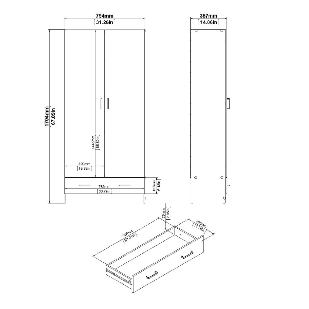 CHOICEWARDROBE Scalia 2 door wardrobe technical drawing with drawer, Sonoma Oak finish dimensions.
