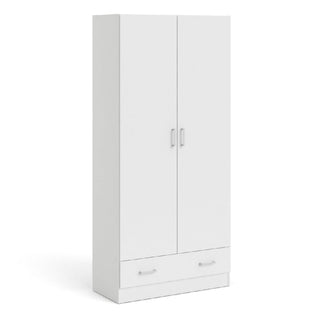 The CHOICEWARDROBE Scalia 2 Door Wooden Wardrobe in white finish is a compact storage solution featuring shelves, simple handles, and a wide lower drawer, shown here against a plain white background.