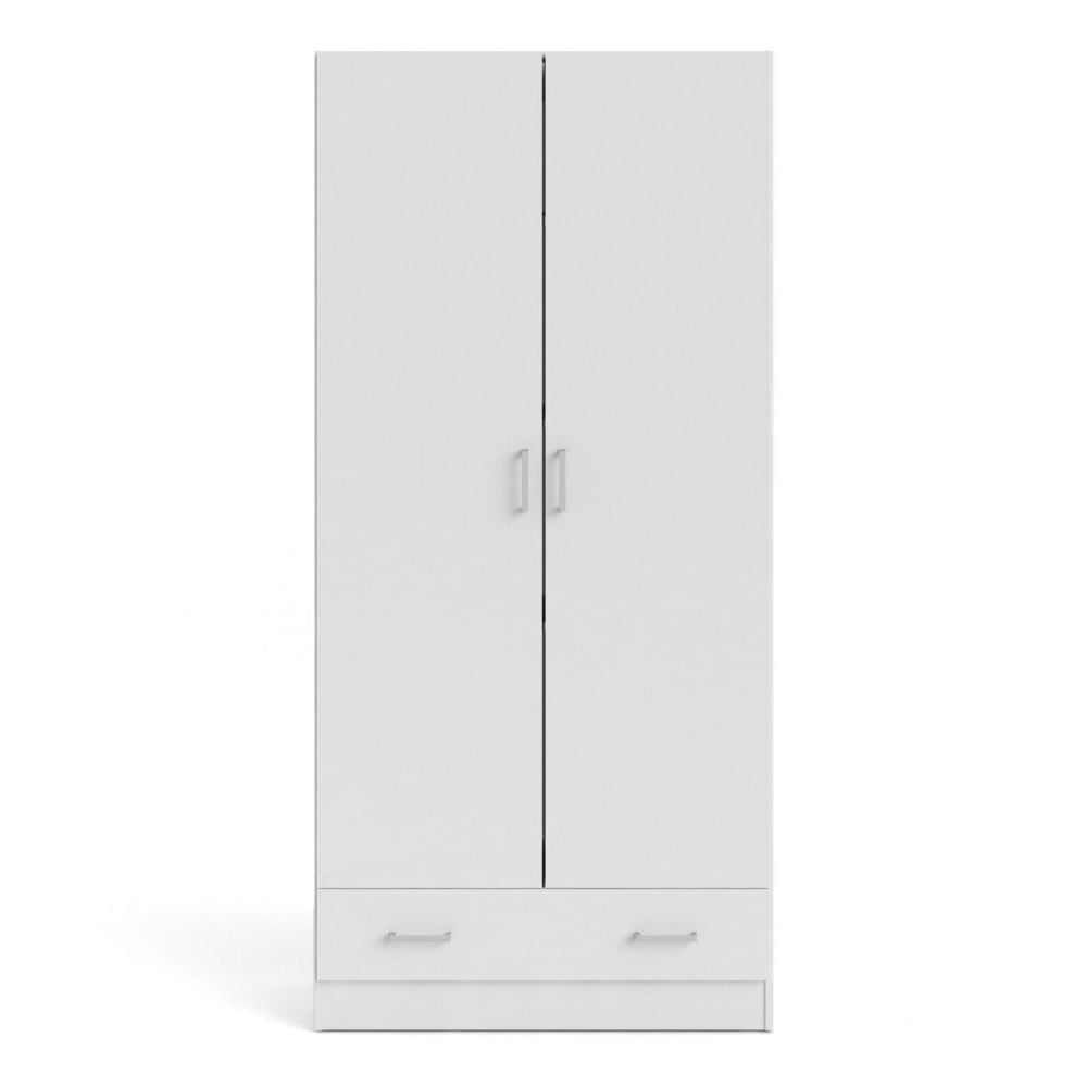 White 2 door wardrobe with two lower storage drawers and silver handles