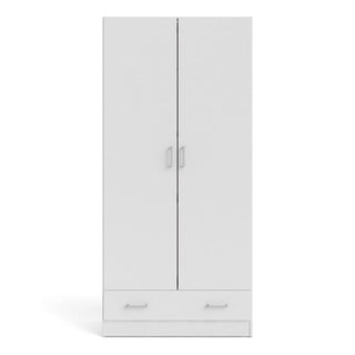 The CHOICEWARDROBE Scalia 2 Door Wooden Wardrobe in white finish offers compact bedroom storage with shelves, silver handles, and a lower pull-out drawer, shown here against a plain white background.