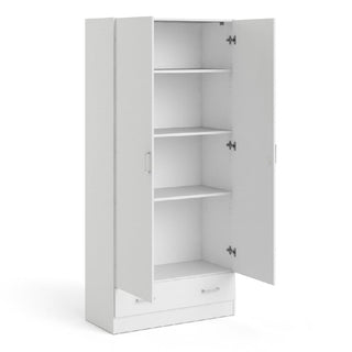 The CHOICEWARDROBE Scalia 2 Door Wooden Wardrobe in white features a compact design with two open doors, three interior shelves, and a closed lower drawer, perfect for bedroom storage.