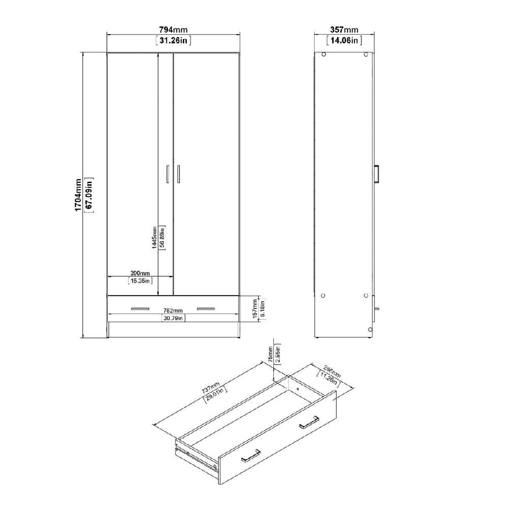 CHOICEWARDROBE Scalia white 2-door wardrobe diagram with dimensions and lower drawer.